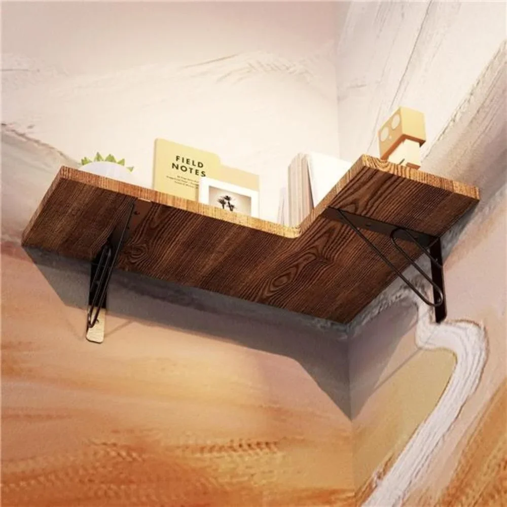 Wood Corner Floating Shelves Set of 4, Wall Mounted Shelves Rustic Brown